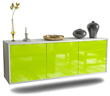 Lowboard Seattle hängend (136x47x35cm) Korpus weiß matt/Front Hochglanz Grün/Push-to-Open