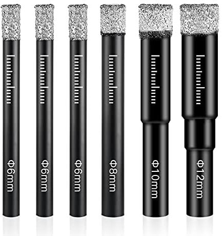 Tykovon Diamond Drill Bits - 6 Pcs Set, 6mm-12mm, for Granite, Marble, Tile, Glass & Hard Materials, Round Shank, Dry Drill Bits