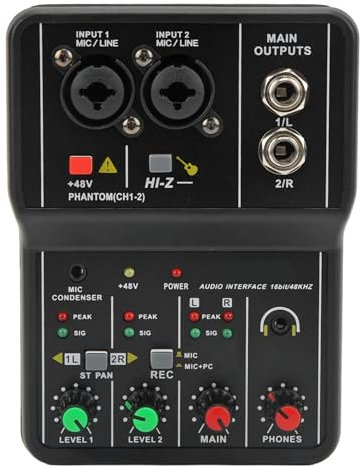 Mini Audio Mixer, 2 Channels USB Portable Live Sound Card Sound Board Console System with 48V Phantom Power, 16 BIT 48KHZ DJ Mixer, for Music Recording Karaoke Streaming Gaming Youtube PC