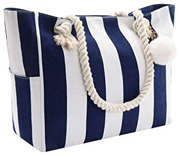 crazy bean Handtasche Strandtasche mit Reißverschluss Umhängetasche Shopper Groß für Laptoptasche Streifen Tote Bag xxl Familie Canvas Tasche Damen Herren Saunatasche,Blau Streifen
