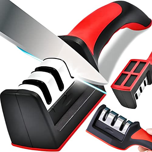 Retoo Manuelle Messerschärfer, Profi Messerschleifer mit 3 Stufen, 3 in 1 Messer Schärfer mit Schleifstein für Küchenmesser Scharf, Knife Sharpener, Küchen Gadgets, küchengadget, Schwarz Rot