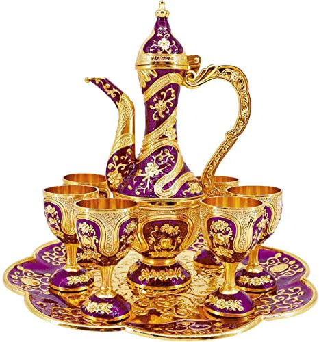 Set da tè turco vintage con caffettiera e tazze, con teiera, vassoio da tè e tazze in metallo, decorazione per armadietto del vino, ornamenti per matrimoni (oro e viola)