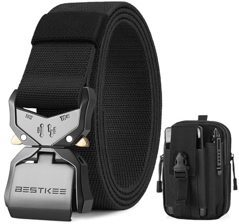 BESTKEE Herren Taktischer Gürtel, Arbeitsgürtel Schwerlast Gürtel, Militärstil Schnellverschluss Metallschnalle 38MM Breite, Geschenk mit taktischem Molle Beutel