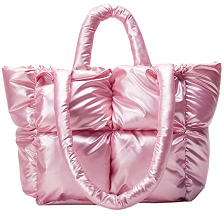 Grand sac fourre-tout matelassé pour femme - Doux - Rembourré - Pour l'hiver - Sac à main - Sac à bandoulière - Rose
