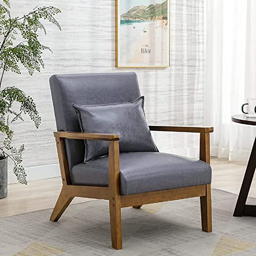 Sessel Wohnzimmer Massivholz Sessel Retro Vintage Lesestuhl PU Leder gepolsterter Akzentstuhl mit Lendenkissen mittelalterlicher Holzsessel Eiche Natur für Hotel Schlafzimmer Balkon Grau