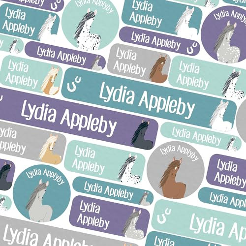 50 School Name Labels for Children No Iron Name Tags for Clothes Name Stickers for Water Bottles, Uniform, Secondary School, College, Care Homes, Washable and Dishwasher Safe (Horses)