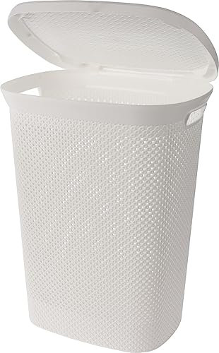 60 Litre Large White Plastic Laundry Basket with Lid Diamond Washing Clothes Storage Hamper Bin