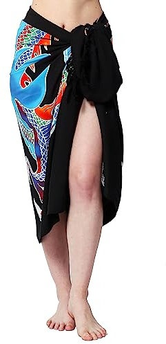 SAIVONA Pareo Sarong Strandtuch Damen-Wickelrock Strand-Handtuch Wickeltuch oder Handtuchkleid und Wickelkleid Damen-Handarbeit aus Fair Trade Herstellung Batik Drache Schwarz Bunt