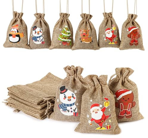 EDWINENE 24 Weihnachten Jutesäcke mit Kordelzug kleine hessische Geschenktüten für Weihnachten Party Favors