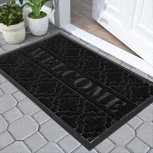 Yimobra Welcome Door Mat 75 x 43 cm, Heavy Duty Durable Front Door Mat for Home Entrance, Garage and Garden Outside Entryway Floor Mat, Non Slip, Fade Resistant, Easy Clean, Black