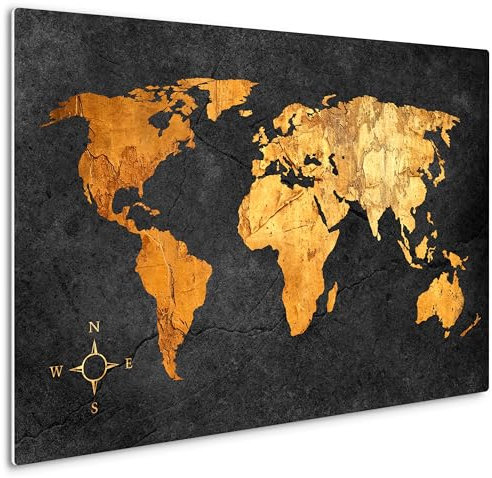 HEALANCY Bilder Weltkarte - KOMPLETT AUFHÄNGFERTIG - Wandbilder Wohnzimmer - Deko Modern - Schlafzimmer - Kunstdruck Wanddeko Küche - Karte Landkarte schwarz gold