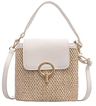PACUM Korbtasche,Strohtasche Stroh Schulter Messenger Bags Damen Designer Luxus Woven Bucket Tasche Sommer Strand Strohbeutel Weibliche Handtasche (Color : White, Size : 19x12x20cm)