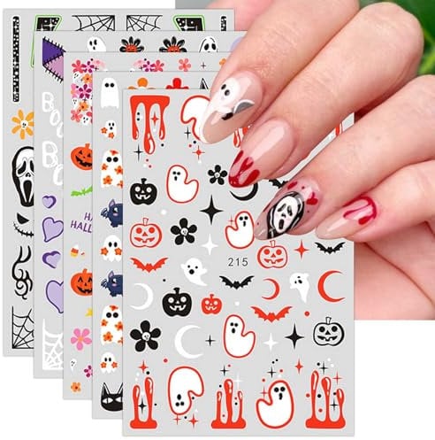 JMEOWIO 9 Sheets Halloween Nail Art Stickers Decals Self-Adhesive Black Star Ghost Pumpkin Nail Supplies Nail Art Design Decoration Accessories