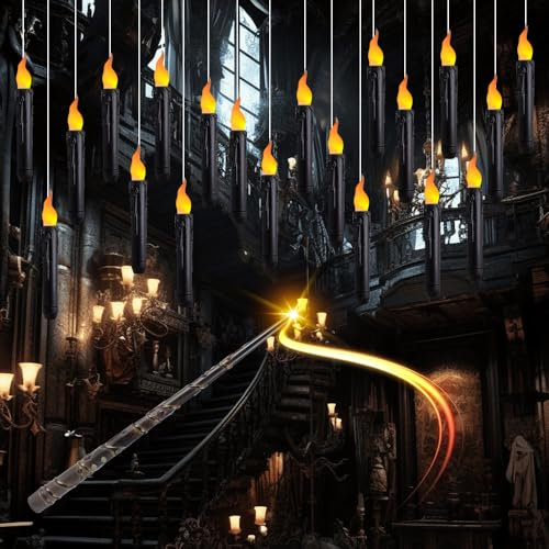 IXYHKB LED Flameless Taper Candles, 20 Pack LED Floating Candles Flickering with Magic Wand Remote, Battery Operated Hanging Window Candles for Christmas Party Decorations, Black