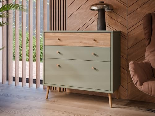 Forte Harllson, einfache Montage Dank EasyKlix Kommode mit 3 Schubladen, Salbei mit Holzdekor: Mauvella Eiche, skandinavischer, moderner Stil, Sideboard 90 cm breit x 86 cm hoch x 41 cm tief