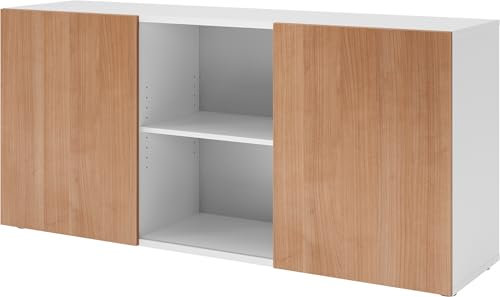 bümö Schwebetürenschrank, Sideboard Weiß/Nussbaum - Büromöbel Sideboard Holz 160cm breit, 42cm schmal, Büro Schrank mit Schwebetür für Flur oder als Wohnzimmer-Kommode