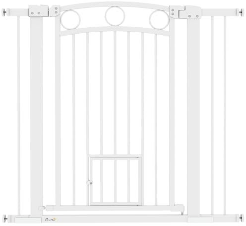 PawHut Dog Stair Gate 96cm Extra Tall Height, 76-104cm Adjustable Width Pressure Fit Safety Gate with Cat Door, 7cm and 14cm Extensions for Stairs, Doorways, Easy Installation, White