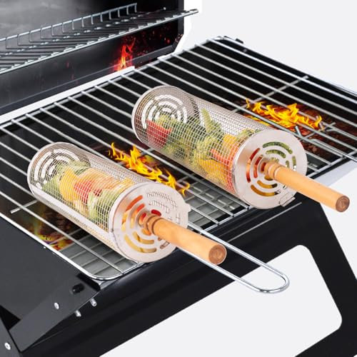 Nesting Rolling Grill Basket 2-piece Set (30cm x 10cm)，Removable Wooden Handle，304 Stainless Steel ，Large Capacity, BBQ Accessories Tools for Vegetables Shrimp，Camping Outdoor Grilling Accessories