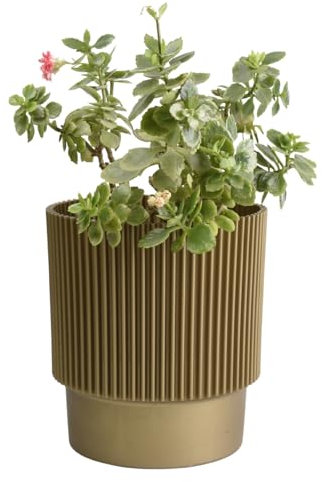 B2C Plant Pots Flower Planter 3 Colours 3 sizes Plastic Pot Modern Elegant Textured Modern Home Garden Indoor Outdoor use Convex stripes (Gold, W15cm x H18cm)