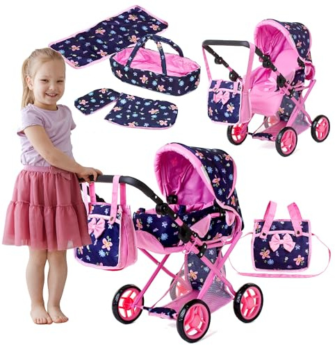 Doris Puppenwagen 3-in-1 – Kombiwagen mit Babywanne, Sportaufsatz, Tasche, Wickelunterlage & Bettwäsche – Faltbar – Für Mädchen
