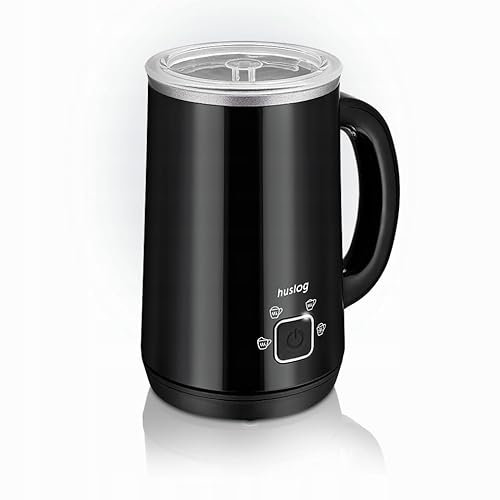 Huslog Espumador de Leche Eléctrico 500W, 240 ml, 4 Modos para Espuma Caliente/Fría, Apagado Automático, Antiadherente y Silencioso, para Café, Capuchino y Chocolate, Negro Brillante