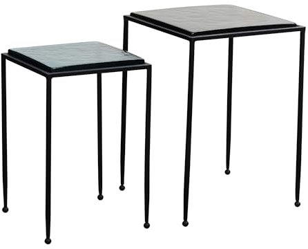 Beistelltisch 2er Set Blau Schwarz Design Satztisch Glas Metall Eckig | Wohnzimmertisch Modern | Ausgefallener Couchtisch Quadratisch | Sofatisch 2-teilig abnehmbare
