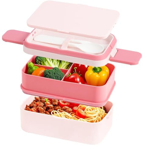 SGAONSN Lonchera Bento de 1960 ml, cajas bento apilables 2 en 1, 2 capas, 4 compartimentos, a prueba de fugas, para adultos y niños, lonchera con compartimentos para escuela, oficina, camping