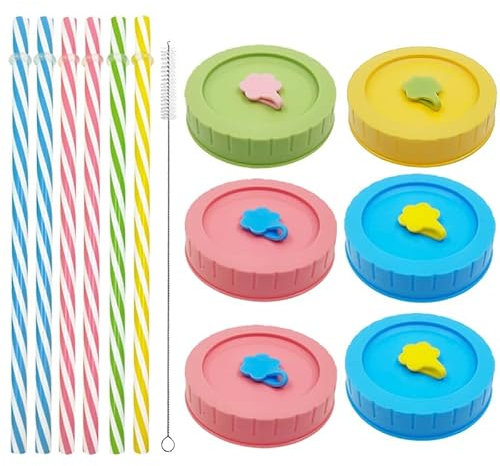 6 Stück Mason Jar Deckel Wiederverwendbar Getränkedose Deckel mit 6 Plastikstrohhalme und 6 Silikonstopfen 1 Reinigungsbürste für Mason Gläser, Marmeladengläser