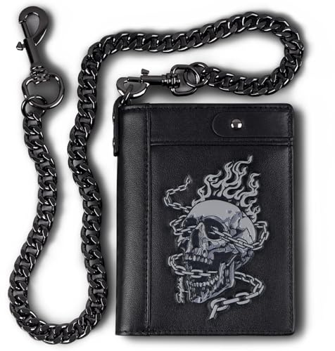 skneephate Mens Leather Wallet With Chain Skull Bifold Wallets Zipper Coin Pocket Rfid Blocking Gift For Him Husband (black)