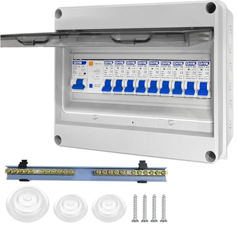 Sicherungskasten Aufputz - Verteilerkasten mit Fi Schutzschalter - IP65 Stromverteilerkasten für Wohnwagen/Garagen/Werkstätten/Villen, Leistungsschalter 125A, AC Trennschalter 7x16A+2x20A