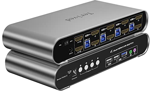 4 Computers 2 Monitors USB 3.0 HDMI KVM Switch 4K@60Hz Dual Monitor, Hotkey & Auto Switching, Aluminum Case, EDID, HDR10, USB 3.0 Audio/Mic, Supports Windows/Mac/Linux, Cables Included