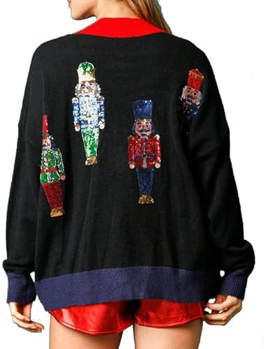 Feclmiyt Damen-Weihnachtsstrickjacken, Pailletten, Nussknacker-Druck, V-Ausschnitt, Button-Down-Pullover, Soldaten-Druck, hässliche Weihnachtspullover, Nussknacker-Strickjacken, A-01, S