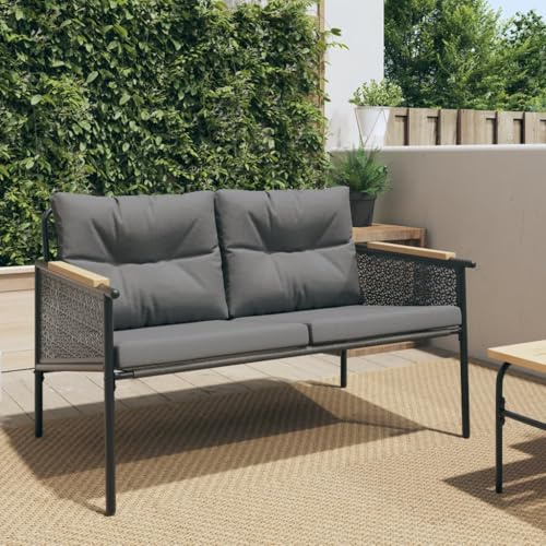 QJBSAVVA Gartenbank mit Kissen 116 cm Schwarz, anthrazit gepolstert, Stahl Textilene Teak, 110 kg Belastbarkeit, modernes Outdoor Design, platzsparend für kleine Balkone und Terrassen