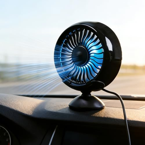 Auto Kfz Ventilator, 360 ° Drehbarer Auto Kühlventilator mit 3 Geschwindigkeiten, Auto Kühlung Clip-Lüfter mit Halterungen, Tragbarer Leiser USB Auto Lüfter mit Buntem Licht für LKW, SUV, RV, Boot