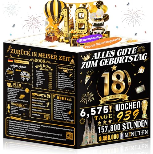 OLOSONG Geburtstagskarte 18. Geburtstag - 3D Pop Up Karte Geschenke 18 Geburtstag Mädchen Junge, Lustige Goldene Deko 18. Geburtstag Für Freund Tochter Sohn Schwester Sie, Back in 2008 Mit Umschlag ﻿