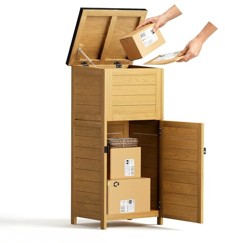 Pamapic Parcel Box, Wooden Extra Large Parcel Box Outdoor, Lockable Weatherproof Floor Mounted Delivery Boxes with Flip Lid, Sloped Top & Secure Front Access, 19.5x19x45 in, Natural