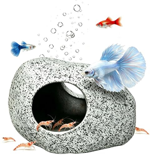 Ceramic Fish Tank Hideout Cave for Betta Fish & Shrimp | Fish Tank Decoration – Non-Toxic Smooth Edge Ceramic Aquarium Accessory, Cute Stone House Ornament for Small Fish