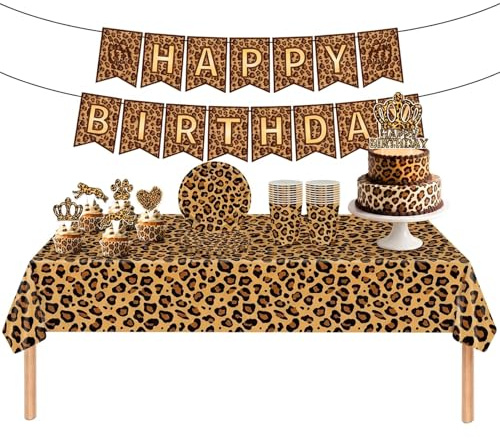47pcs Leopard Print Balloons, Leopard Print Birthday Decorations, Complete Party Set with Bunting Banner, Tablecloth, Plates and Cups for Themed Celebrations