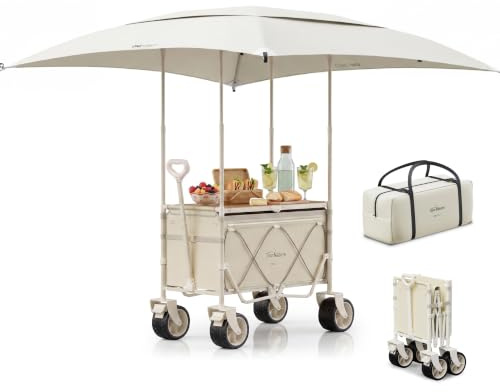 Join Nature 3-in-1 Bollerwagen Faltbar mit Camping-Tischplatte & Sonnendach | Faltbarer Bollerwagen 160L, Breite Reifen Strandwagen Klappbar für Alle Gelände Camping, Hunde, Strand, Transport