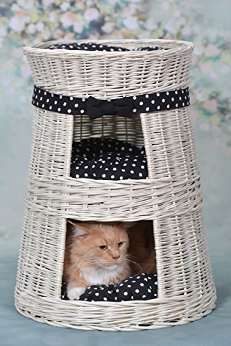 e-wicker24 Alles aus Weide Runde Katzenhütte in Beige, Katzenkorb aus Weide, Korb für die Katze mit DREI Etagen, Katzenlager mit Kissen, Katzenturm