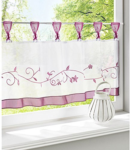 SIMPVALE 1 Stück Gardine mit Schlaufen Blume Bestickt Cafe kurz Vorhänge Küche Vorhang Querbehang (Violett, Breite 145cm/Höhe 60cm)