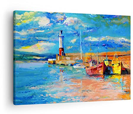 Bilder auf Leinwand Leuchtturm Meer Leinwandbild mit Rahmen 70x50cm Wandbilder Dekoration Wohnzimmer Schlafzimmer Küche Deko Klein Wanddeko Bild Wand Kunstdruck Art Wall Decor Canvas AA70x50-3693