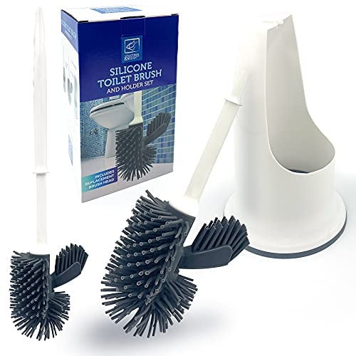Silicone Toilet Brush Set, Modern Easy Clean Long-handled Toilet Brush with Holder - Includes a Silicone Rubber Replacement Head