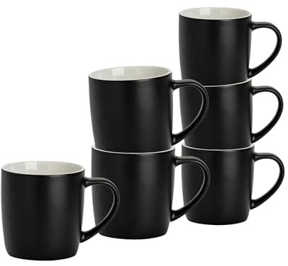 Argon Tableware Coloured Coffee Mugs - Matte Black - 350ml - Pack of 6 - Matt Ceramic Stoneware Latte Cappuccino Cups Hot Chocolate Cups Colourful Mug Set with Handle