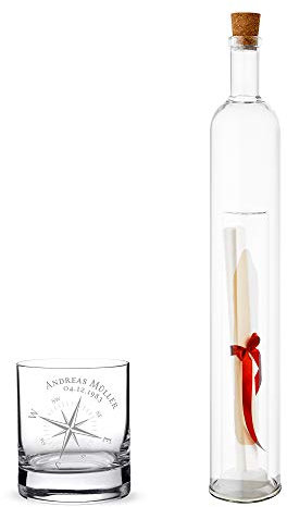 Casa Vivente Bouteille en Verre avec Cavité Supplémentaire Secrète, Verre Tumbler de Dégustation, Gravure Personnalisée Nom, Date, Rose des Vents