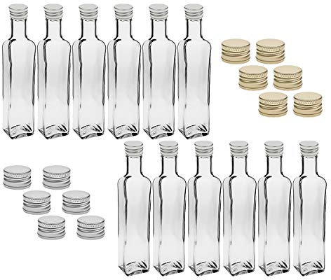 Vitrea 12 leere Glasflaschen 750ml Schraubverschluss Silber Eckig - kleine Flaschen zum Befüllen mit Deckel - für Saft, Getränke, Likör, Öl, Saucen - 12 Stück, Maraska