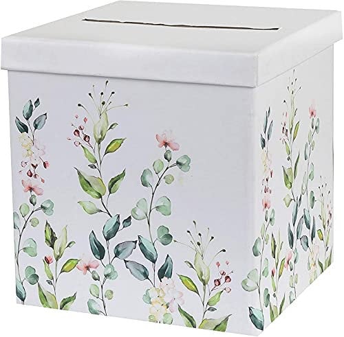 Geld-Box Brief-Box Kuvert-Kiste Hochzeits-Post Botanical Wiesen-Blumen Blüten & Eukalyptus Blätter-Ranke weiß & grün Hochzeits-Karten Geld-Geschenke Hochzeit Geburtstags-Umschläge Sammel-Box Zubehör