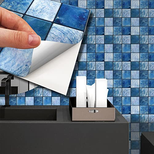 WALPLUS 96pcs 15x15cm Mother Pearl Blue Jewel Large Mosaic Wall Tile Sticker Set Black Aluminium Film Peel and Stick Backsplash Decals Home Decors Splashback for Kitchen Bathroom Tiles Paint Stick on