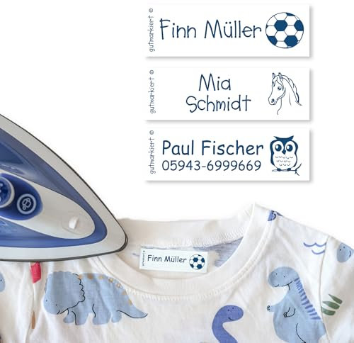 gutmarkiert – Personalisierte Bügeletiketten für Kleidung – Namensschilder für Kleidung für Kinder personalisierbar mit Name und Motiv – waschmaschinen- & trocknerfest – 50 Stück 50x15mm Blau