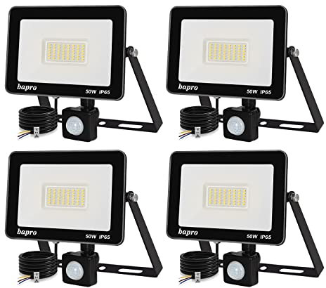 Bapro Projecteur LED 4x 50W Avec Détecteur de Mouvement - 5000LM 3000K Blanc Chaud Eclairage Extérieur - IP65 Imperméable Spot Détecteur pour Jardin, Terrasse, Garage, Patio, Grange, Cour